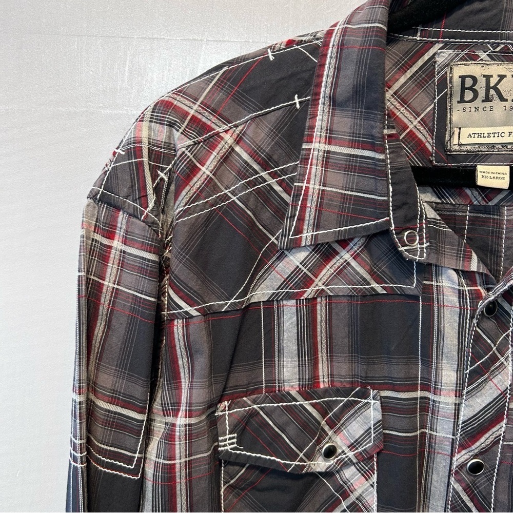BKE Men’s Pearl Snap Black Red Plaid Western Style Athletic Fit Shirt Sz XXL - Picture 4 of 7